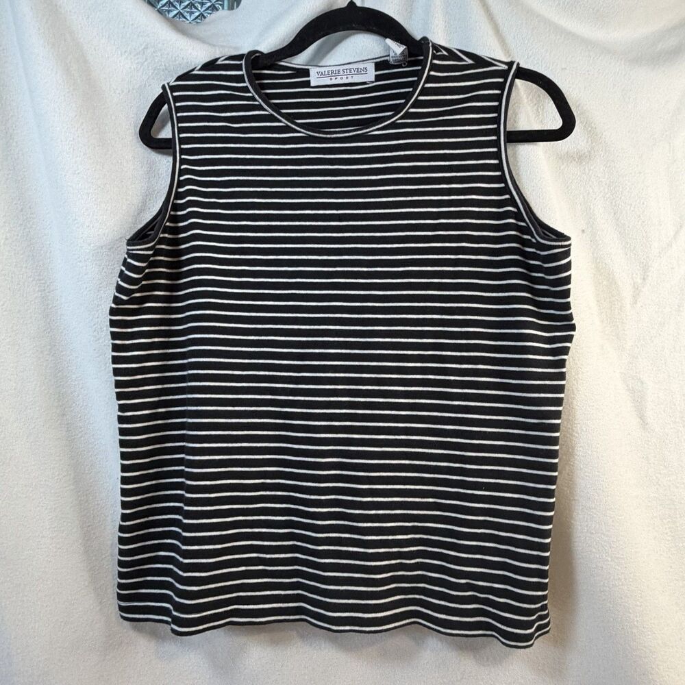 Womens Black White Striped Sleeveless Cotton Shell Top Crewneck Tank Size L